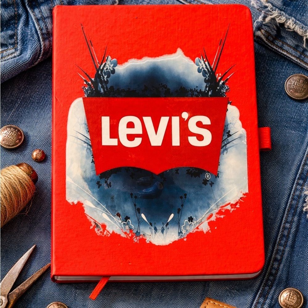 Red Notebook with Blue Graphic Panel
